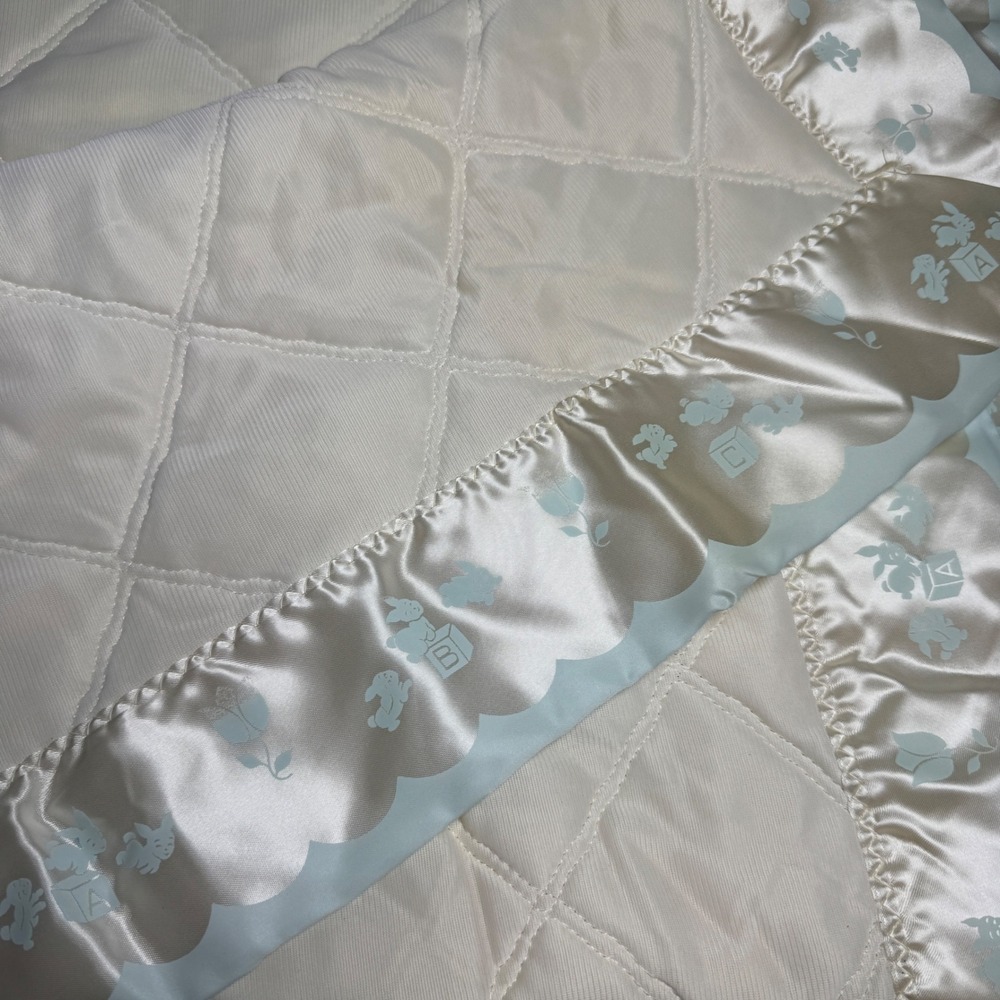 Vintage Quiltex Quiltron Baby Blanket Satin Ruffle Bunny ABC Blue Cream ILGWU